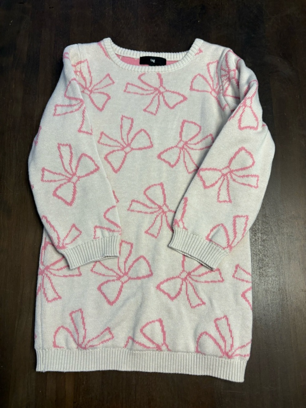 Tag White Crewneck Sweater Dress with Pink Bow Motif